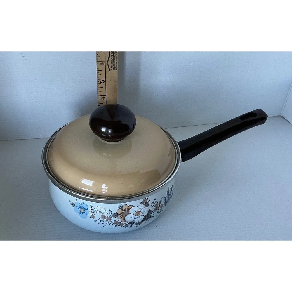 Vintage Enamelware Saucepan Floral‎ Pot with Lid Blue Brown White 1.5qt